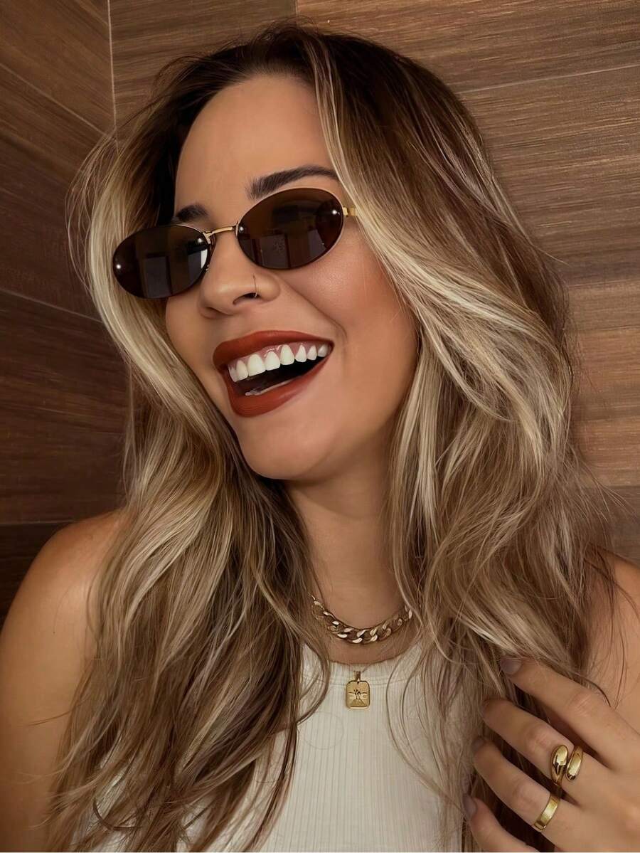 1 buc Ochelari de vedere cu ramă mică ovală la modă pentru femei, ochelari de vedere fără ramă metalică, potriviți pentru ținute zilnice pentru vacanța de vară la plajă, în aer liber, călătorii