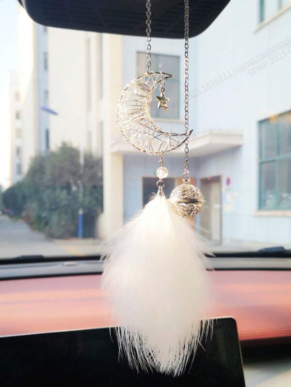 1pc Car Rearview Mirror Feather Ornaments Moon Planet Hollow Decorative Pendants Exquisite Car Interior Decorations