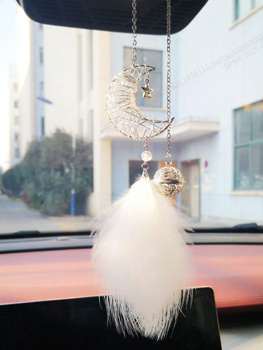 1 قطعة زينة معلقة لمرآة السيارة الخلفية بتصميم ريشة وقمر وكوكب مجوف، ديكور داخلي فاخر للسيارة