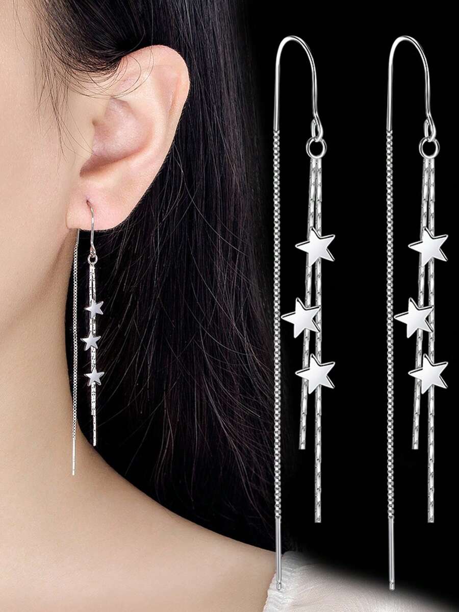 1 对女士简约五角星流苏耳环，独特小众设计优雅耳环适合日常佩戴、派对和聚会 - 銀色 - 查看 1