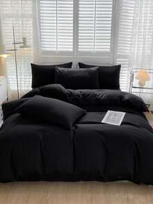CNZB-4件套纯色羽绒被套，1件羽绒被套，1件床单，2件枕套，不含枕芯，简约床上用品套装，适用于卧室，150*200厘米，200*230厘米，220*240厘米 - 黑色 - 查看 1