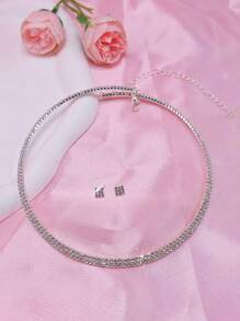 2pcs/Set Elegant Rhinestone Choker Necklace And Earrings Bridal Jewelry Set