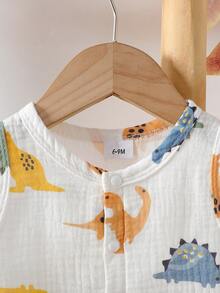 Bộ 2 món áo vest cổ tròn in họa tiết khủng long dễ thương cho bé trai sơ sinh mùa hè và quần short họa tiết khủng long toàn thân - trắng - Xem 3