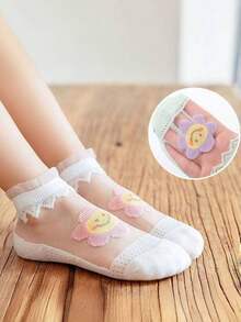 5 Pairs Kids Thin Socks, Girls Korean Style Breathable Silk Ankle Socks With Laughing Face Pattern, Spring/Summer - Multicolor - View 4