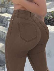 Bootcut Women Jeans Solid Color High Slim Fit Waist Stretch Casual Versatile - màu nâu - Xem 3