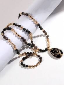 Bohemian Style Tree Of Life Pendant Necklace - Natural Tiger's Eye Stone, Handcrafted With Oval Amber, Golden Accents, Black And Brownish-Orange, For Men And Women Necklaces For Women Jewelry Women Accessories Women - Pendant Necklace - View 12