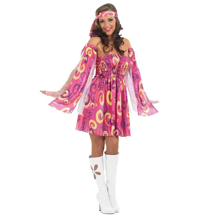 Morph Costumes 70's Fancy Dress Women Gogo Girl Costume - Retro Hippie Outfit For Themed Parties, Festivals & Events - Fun Shack Quality Design - Pink - View 1