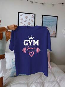 GYM Queen With Crown And Barbell Pure Cotton Women's Fashion T-Shirt - Blue - View 1