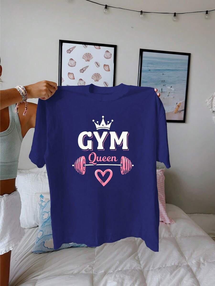 GYM Queen With Crown And Barbell Pure Cotton Women's Fashion T-Shirt - Blue - View 1