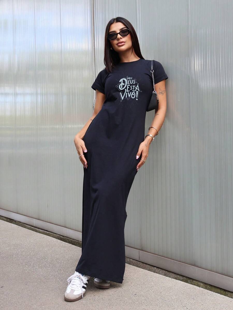 Long Cotton Dress My God Is Alive Evangelical Christian - 黑色 - 查看 1