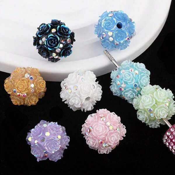 5/10/20/30/50/100pc(S) 20mm Luminous Rose Rhinestone Beads With Holes - Perfect For DIY Jewelry Making, Bracelets, Necklaces, Earrings & Accessories, Flower Beads, Rhinestone