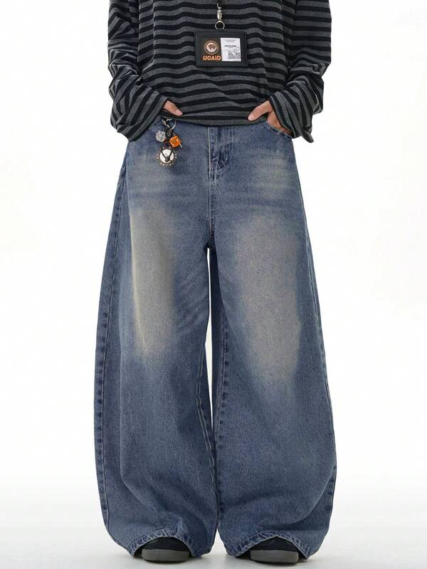 1pc Vintage Wash Loose Fit Wide Leg Distressed Boyfriend Style Casual Denim Jeans, Unisex