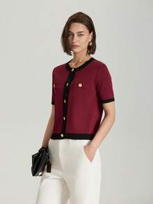 Color Block Button Down Short Sleeve Casual Knitted Cardigan - Multicolor - View 5