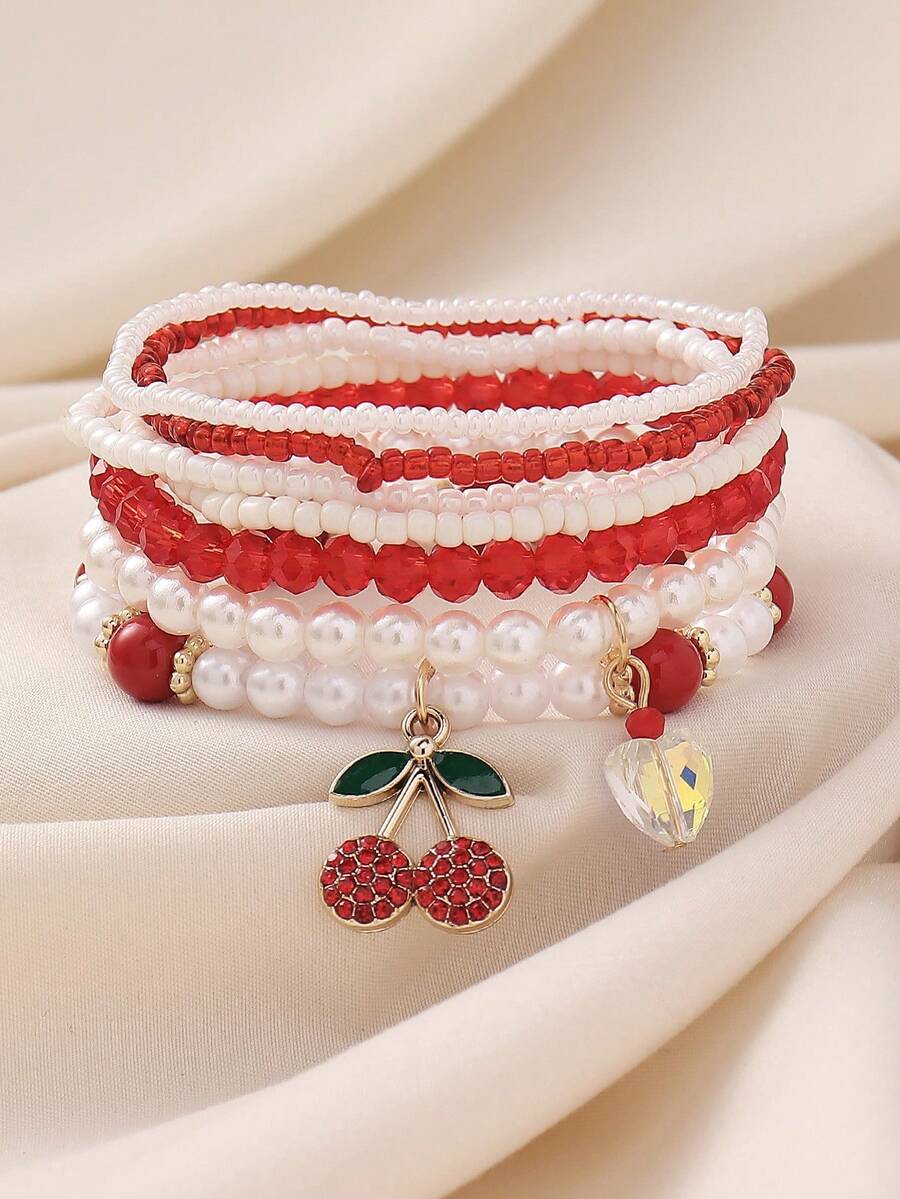 7件套波西米亚风可爱串珠仿珍珠樱桃草莓吊坠叠戴手链，适合女性海滩度假休闲日常佩戴 - 紅白色 - 查看 1