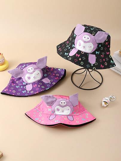Sanrio 1 pieza Sombrero de cubo 3D portátil y compacto de Kuromi, sombrero de sol versátil de colores lindos y de dibujos animados, para actividades al aire libre y regalo, con licencia de Sanrio