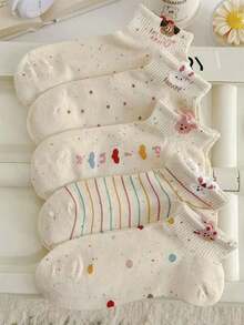 5 Pairs Random Cartoon Puppy & Rabbit Print Ankle Socks, Spring/Summer - Multicolor - View 4