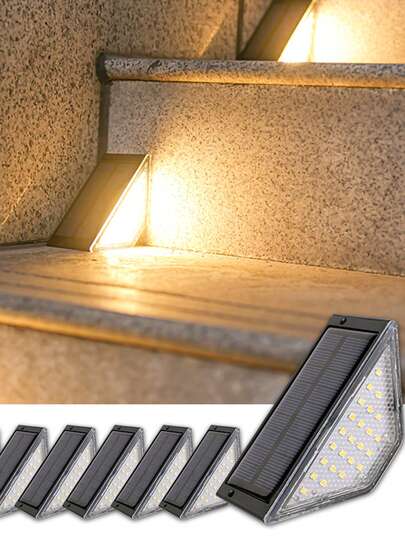 [2/8 件] 太阳能灯，用于台阶，三角形壁挂灯，配有 24 个 LED 灯泡、膨胀螺丝和双面胶带，光电传感器控制，用于楼梯、甲板、小路、庭院