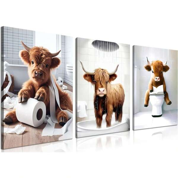 1 Set Of 3 Pcs Canvas Wall Art, Funny Bathroom Highland Cattle Wall Art, Brown Cute Cattle Animal, Printed Craft Canvas Decoration For Home Decoration, Framed Ready To Hang. ,Wall Art With Frame
