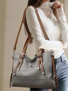 2024 勃艮第酒红色女士单肩包大容量托特包斜挎包 - 灰色 - 查看 7