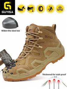 GUYISA Brown Safety Shoes, Hiking Series Steel Closed Toe Anti-Crush Anti-Puncture High-Top Style, Fashionable Lightweight Functional Work Tactical Boots - Brown - View 2