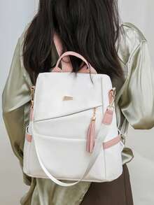 女士时尚休闲大容量背包，带流苏吊坠，轻巧防盗设计，适合旅行 - 白色 - 查看 2