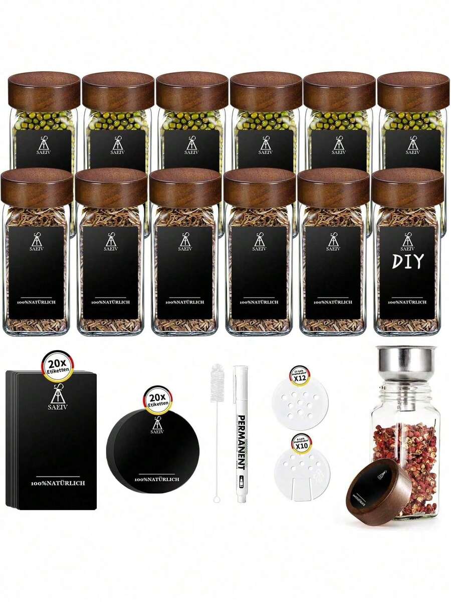 SAEIV Set Of Square Spice Jars (With Lids): 2/12/24/35 Spice Jars (With Spice Labels): The Perfect Organizer For Kitchen Spices: 120 Ml Jars: Including Funnel, Labels, Cleaning Brush And Sieve