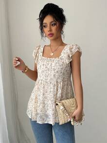 Ditsy Floral Square Neck Ruffle Hem Blouse - Apricot - View 4