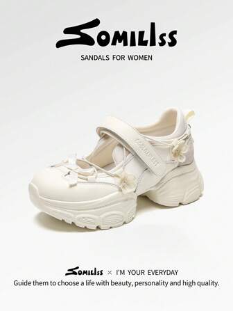 somiliss 5厘米厚底休闲运动凉鞋，防滑，舒适，轻便，户外步行鞋，时尚可爱玛丽珍平底鞋，白色