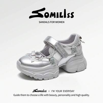 somiliss 5厘米厚底休闲运动凉鞋，时尚可爱平底沙滩拖鞋，轻便舒适户外步行鞋，玛丽珍款式，银色