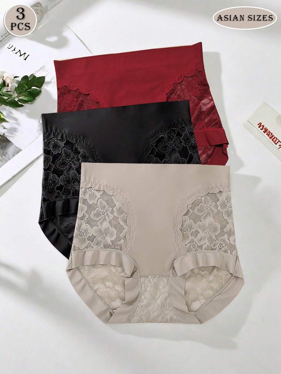 3 件高腰花卉蕾丝无缝女士内裤，收腹提拉，防卷边三角内裤