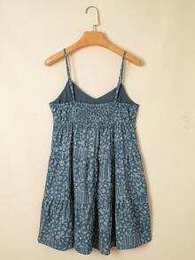 夏季花卉印花蝴蝶夹 V 领修身肩带度假风格迷你高腰连衣裙 - 藍色 - 查看 5