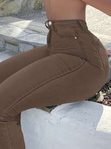 Bootcut Women Jeans Solid Color High Slim Fit Waist Stretch Casual Versatile - màu nâu - Xem 4