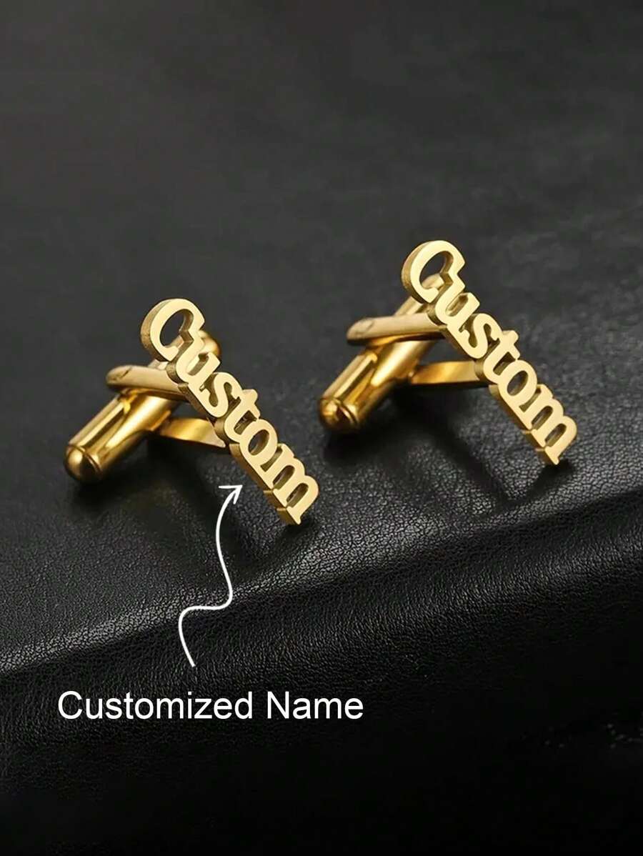 1 Pair Customized Stainless Steel Cufflinks - Personalized Name, Gold/Silver, Durable And Stylish Design Suitable For Casual Outfits - Ideal Gift For Father, Husband, Boyfriend, Birthday, Anniversary, Groomsman, Wedding, Party, Personalized Accessory | Fashion Item | Minimalist Metallic Style