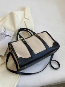 1 Túi vải bạt thời trang chắp vá màu tương phản, hành lý du lịch Unisex, thích hợp cho việc nghỉ qua đêm, đi làm, du lịch đường ngắn (kích thước nhỏ để đi làm, kích thước lớn cho chuyến đi ngắn) Túi đi học Phụ kiện học tập Đồ dùng học tập - màu đen - Xem 4