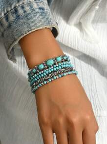 5pcs/Set Western Cowboy Style Vintage Simulated Turquoise Beaded Elastic Rope Bracelet Set, Unisex Daily Wear