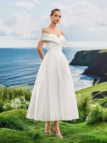 Elasola 亮面缎面露肩优雅晚礼服 白色A字仙女风新娘送礼会礼服 婚礼季 优雅