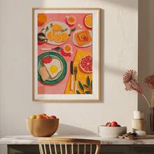 1 件，墙壁艺术，复古海报，早餐平铺食物在餐桌墙壁艺术 | Sunny Side Up Kitchen 艺术印刷品美食礼品彩色茶和华夫饼海报，无框，带框架的墙壁艺术 - 彩色 - 查看 2