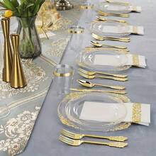 200pcs Transparent Gold Palace Style Plastic Gold Tableware Set, Suitable For 25 Guests, Including 25 Dinner Plates, 25 Dim Sum Plates, 75 Knives, Forks, Spoons, 25 Cups, 25 Napkins And 25 Straws. Very Suitable For Weddings And Parties - Vàng trong suốt - Xem 8