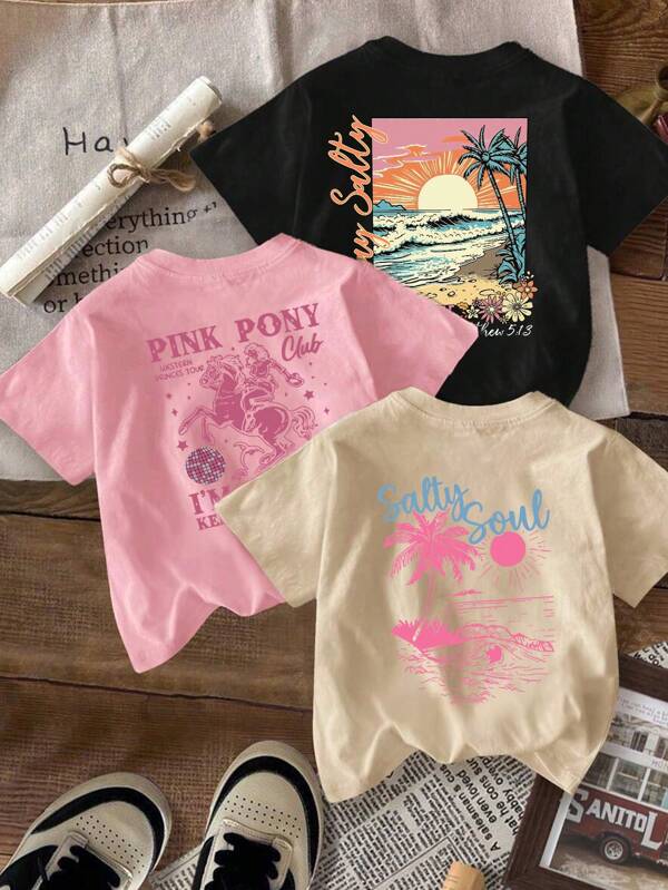 3pcs Girls Teen Student Casual Logo Print Crew Neck Short Sleeve T-Shirts, Summer Tops