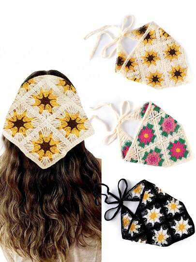 3pcs/Set Girls Handmade Crocheted Floral, Fruit Design Headscarf, Triangular Scarf, Headband Set