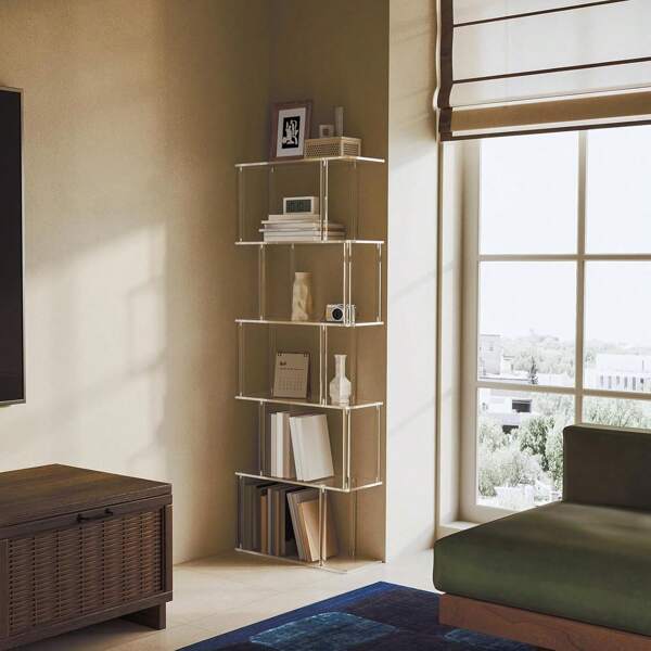 1 Set Tall Transparent Modern Geometric Acrylic Bookshelf, 6-Tier S-Shaped Bookcase, Best Home Decor Display Shelf For Living Room, Bedroom, Office, Easy Assembly & Cleaning