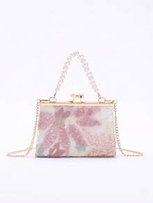 Queen Head Pearl Decorated Clip-Top Handle Bag For Women - Baby Pink - View 4