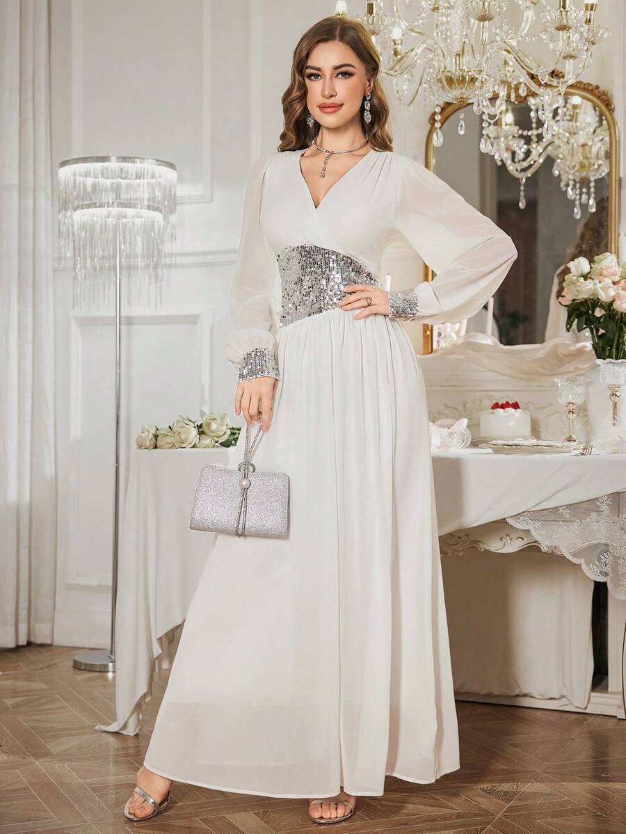 Women's Summer New Waist Gathering Design Dress, Casual Vacation White Flowy Long Dress; Women's Elegant Fashion High-Level Sparkling Sequin Patchwork V-Neck Maxi Evening Dress, Bridesmaid Dress - White - View 1