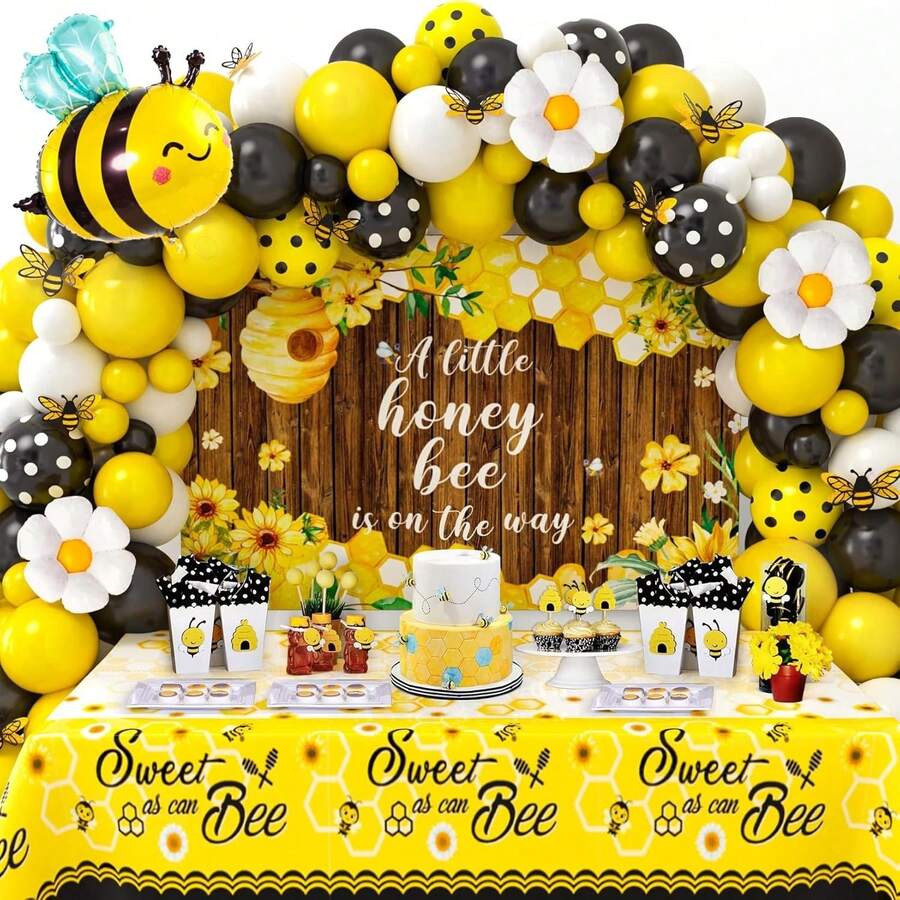 119pcs Bee Balloon Arch & Wreath Set, Includes Yellow, Black, White Printed Latex Balloons And Bee & Daisy Foil Balloons, Multiple Sizes Available, Perfect For Bee-Themed Birthday Party, Gender Reveal Party, Baby Shower, Wedding Decoration (Note: Balloons And Backdrop Cloth Sold Separately) - Multicolor - View 1