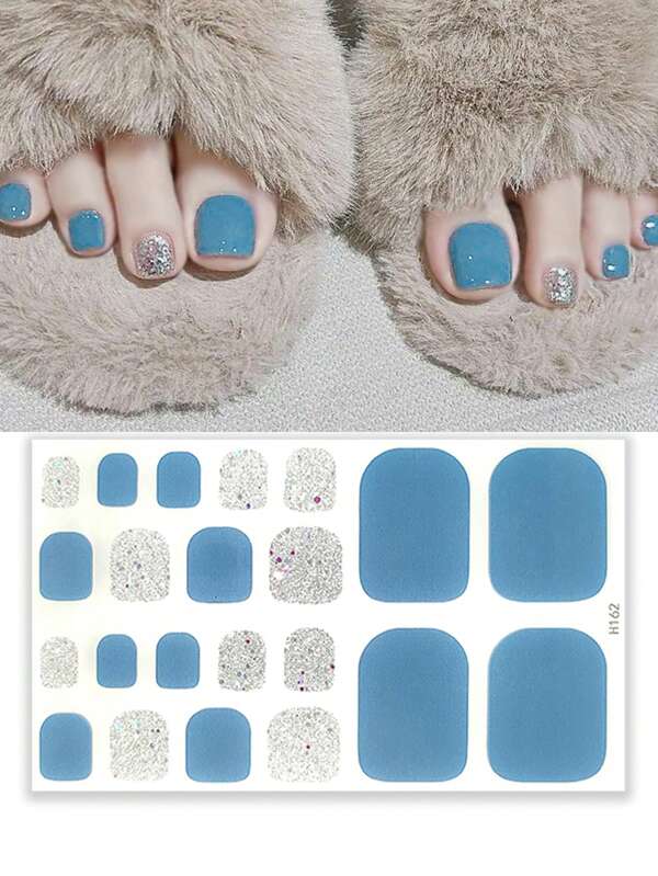 1 Sheet Of 22 Stickers Sweetness No-Bake Gel Toenail Stickers Nail Art Stickers Nail Stickers And Decals For Feet DIY Nail Polish Strips Blue Simple Glitter Self-Adhesive Waterproof And Long-Lasting 3d Nail Decals Multi-Design Full Wrap Coverage Manicure Stickers Manicure Decorations Set Suitable For Ladies And Girls, Ease Of Use Appointment,Parties And Events