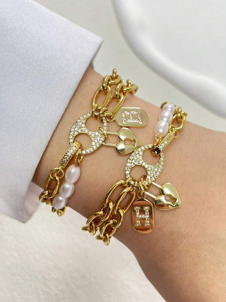 1件 STYLEVER 金色水晶双孔吊坠字母手链，A-Z 字母链，不锈钢链，适合庆典和日常佩戴 - 金黃色 - 查看 1