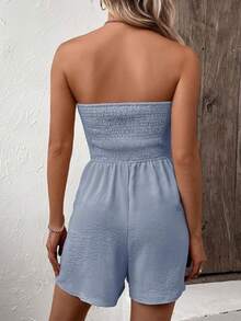 女士纯色连体无袖连体衣，休闲 - 藍色 - 查看 3