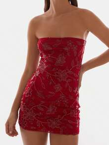 Sequin Beaded Floral Dress Sexy Women Strapless Tube Dress Y2K Off The Shoulder Mini Dress Sparkly Glitter Bodycon Short Dress Bandeau Dress Party Clubwear - 紅色 - 查看 4