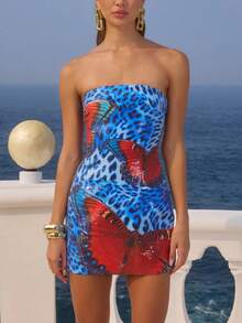 Women Sequin Tube Mini Dress Y2K Sparkly Floral/Starfish/Butterfly Strapless Bodycon Short Dress Summer Glitter Off Shoulder Backless Going Out Dresses Party Beach Vacation Bandeau Dresses - Màu xanh lam - Xem 1
