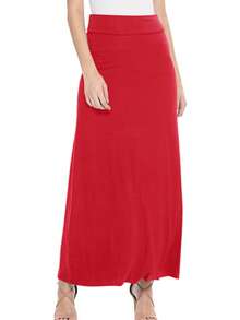 Maxi Length High Waist Foldable Waistband Solid Skirt  Plain  Casual  Elegant  Knitted Fabric        Home  Office  Street  Daily - Đỏ - Xem 1